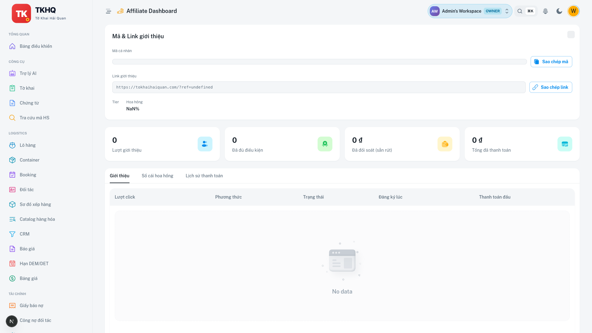 Dashboard Affiliate — hoa hồng và lịch sử đơn hàng giới thiệu